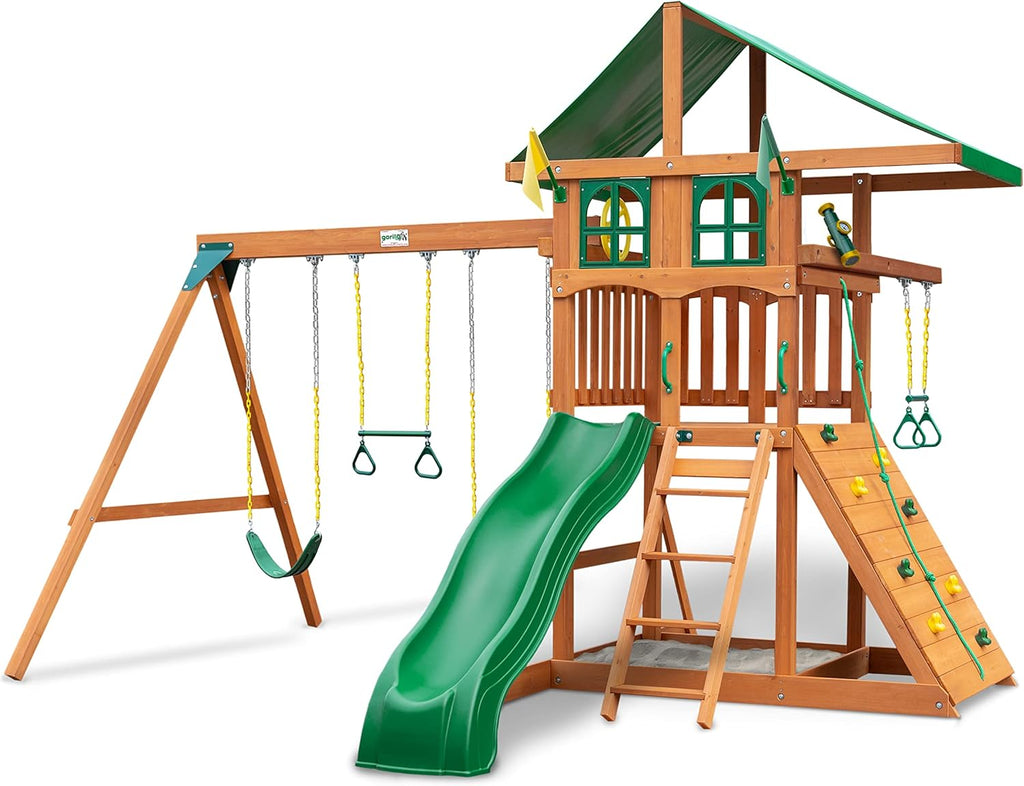 Oversized Green Vinyl Canopy Wooden Swing Set with Climbing Wall, Ladder, Swings and Slide A6830