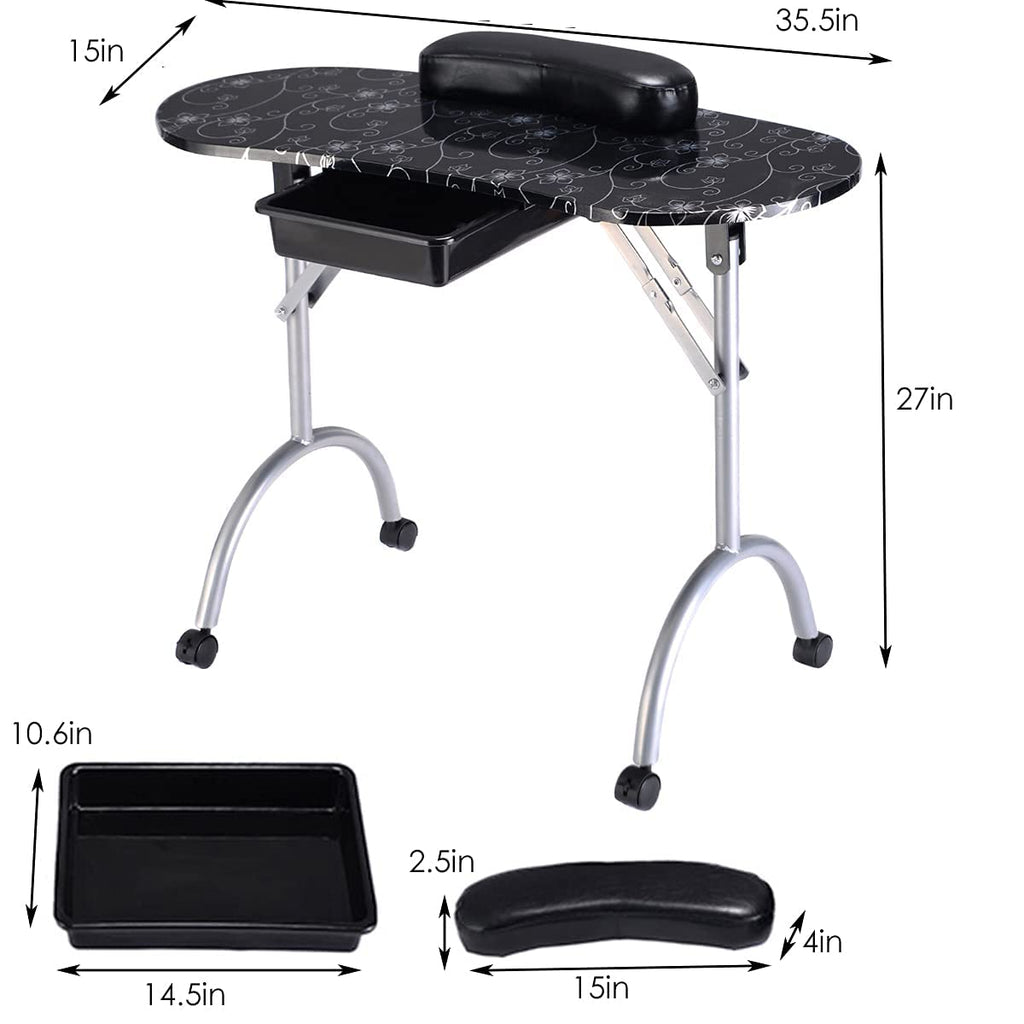Black Portable Manicure Table with Drawer and Casters V59577