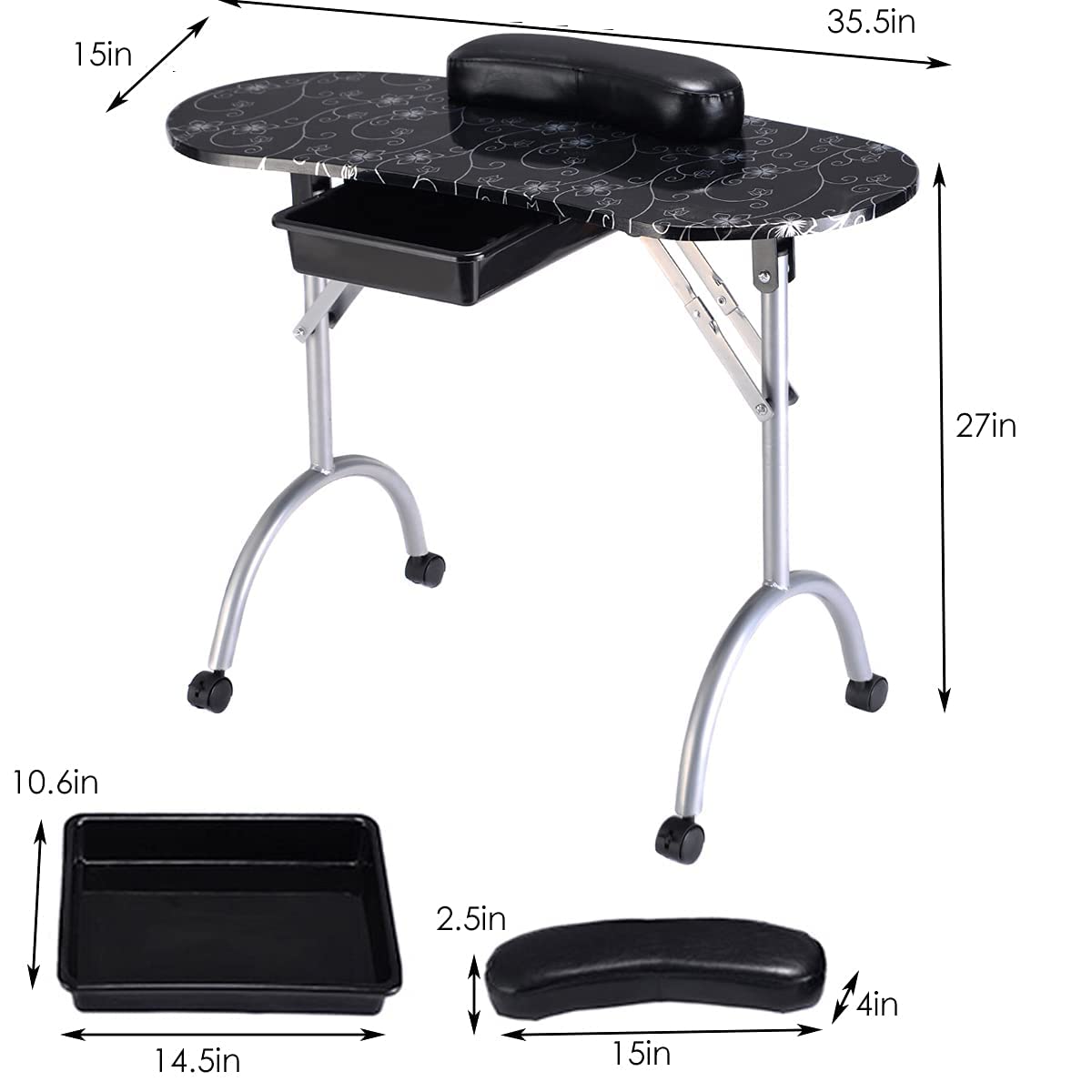 Black Portable Manicure Table with Drawer and Casters V59577