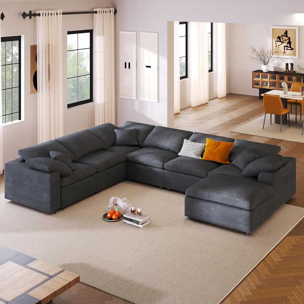 Deep Seat Convertible Modular Sectional Sofa with Movable Ottoman, Oversized Corner Couch with Throw Pillows, 7 Seater Polyester Upholstery Sofa N22971