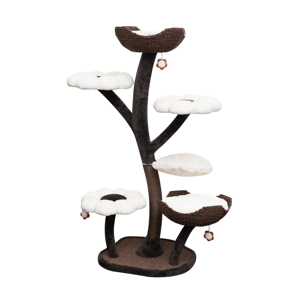 Natural Blossom Flower Woven Tree Branches Large Cat Tree 6-Level Cat Tower with Hammock Foam-Padded Perches Basket U436187