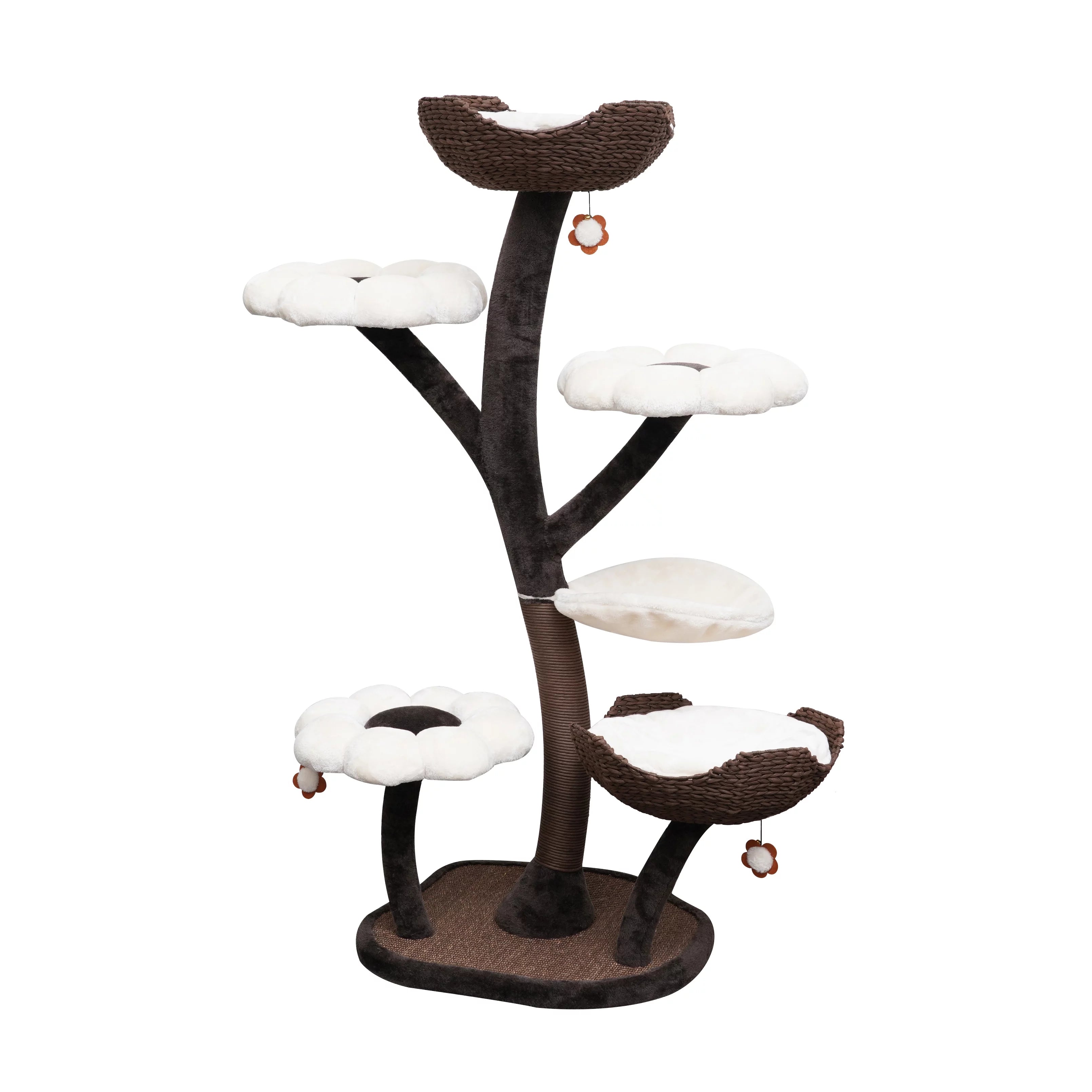 Natural Blossom Flower Woven Tree Branches Large Cat Tree 6-Level Cat Tower with Hammock Foam-Padded Perches Basket U436187