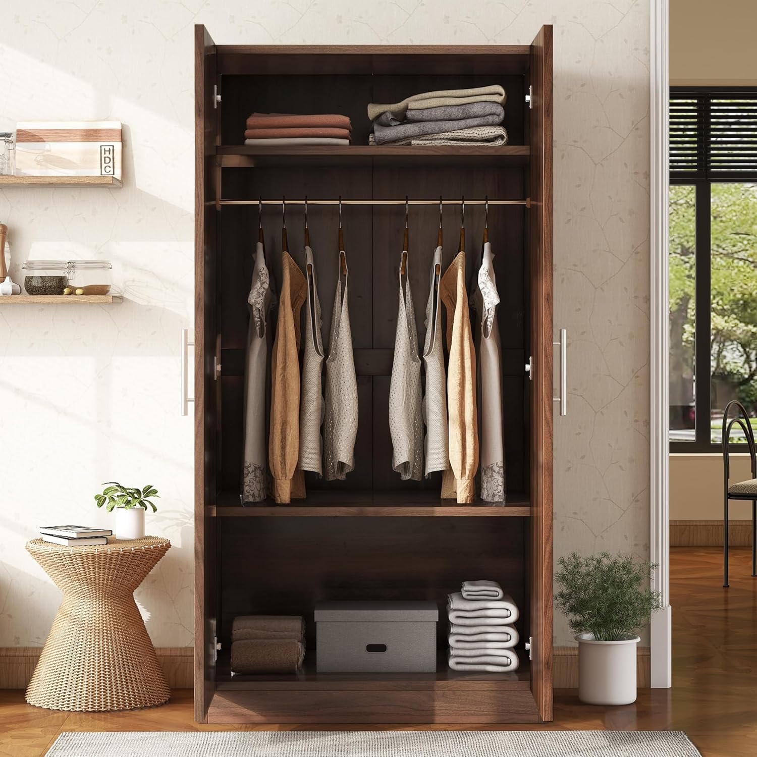 2-Door Wooden Wardrobe Armoire with 3 Storage Shelves G3066
