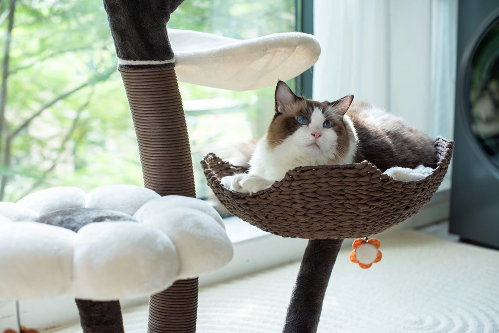 Natural Blossom Flower Woven Tree Branches Large Cat Tree 6-Level Cat Tower with Hammock Foam-Padded Perches Basket U436187