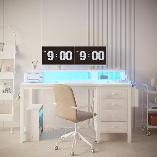 47 inch Gaming Desk with LED Lights and Power Outlets and Fabric Drawers B5782