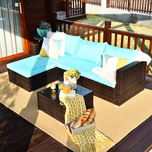5 Piece Outdoor Patio Furniture Set with Glass Top Coffee Table (Turquoise) S186