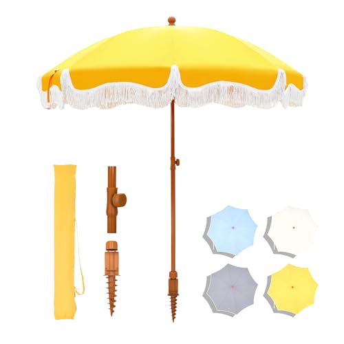 7ft Beach Umbrella with Fringe, UPF50+, Carry Bag V462