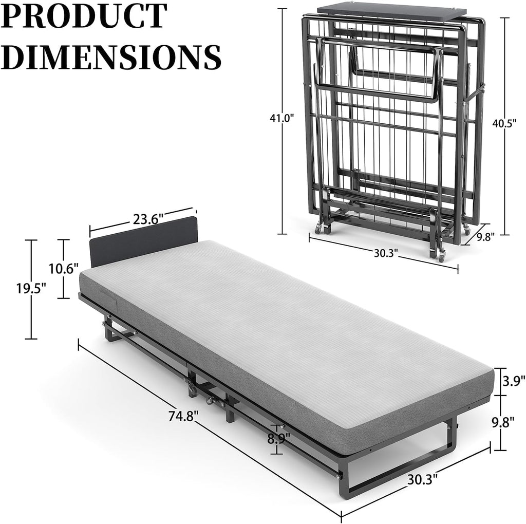 Folding Bed with 4-Inch Mattress, Metal Cot Size Rollaway Bed on Wheels G28732