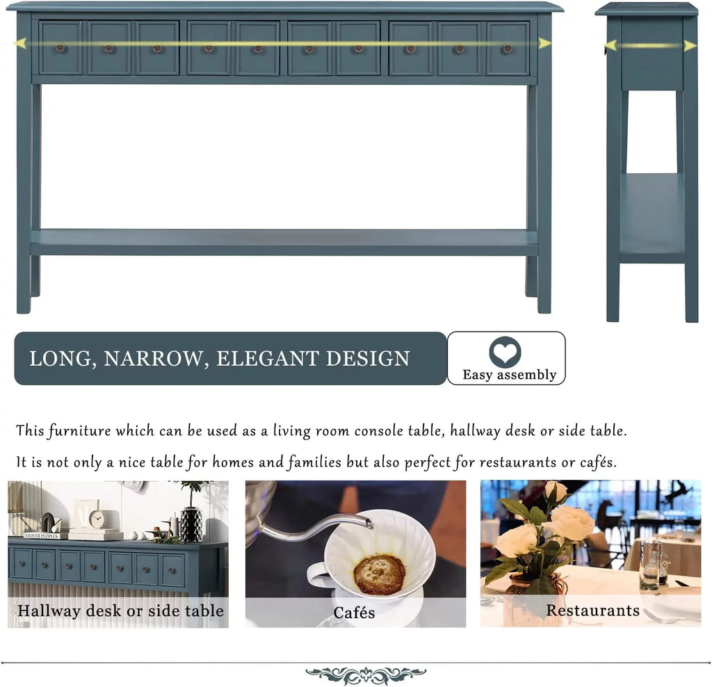 Navy 60" Console Table with 2 Drawers and Bottom Shelf W18711