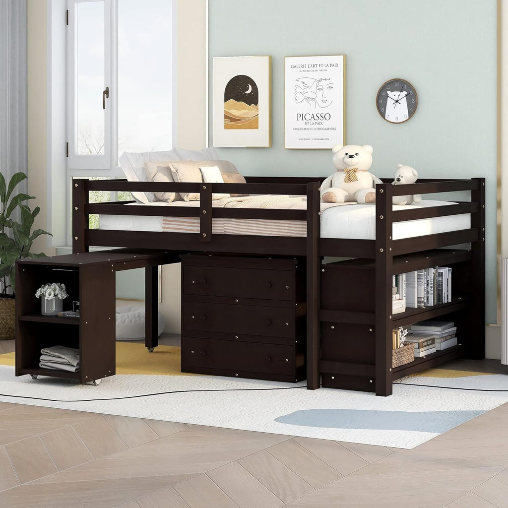 Full Size Low Loft Bed Wood with Storage Cabinet Desk Brown F32576