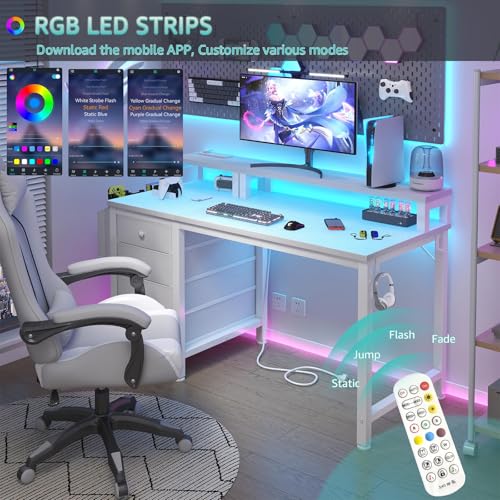 47 inch Gaming Desk with LED Lights and Power Outlets and Fabric Drawers B5782