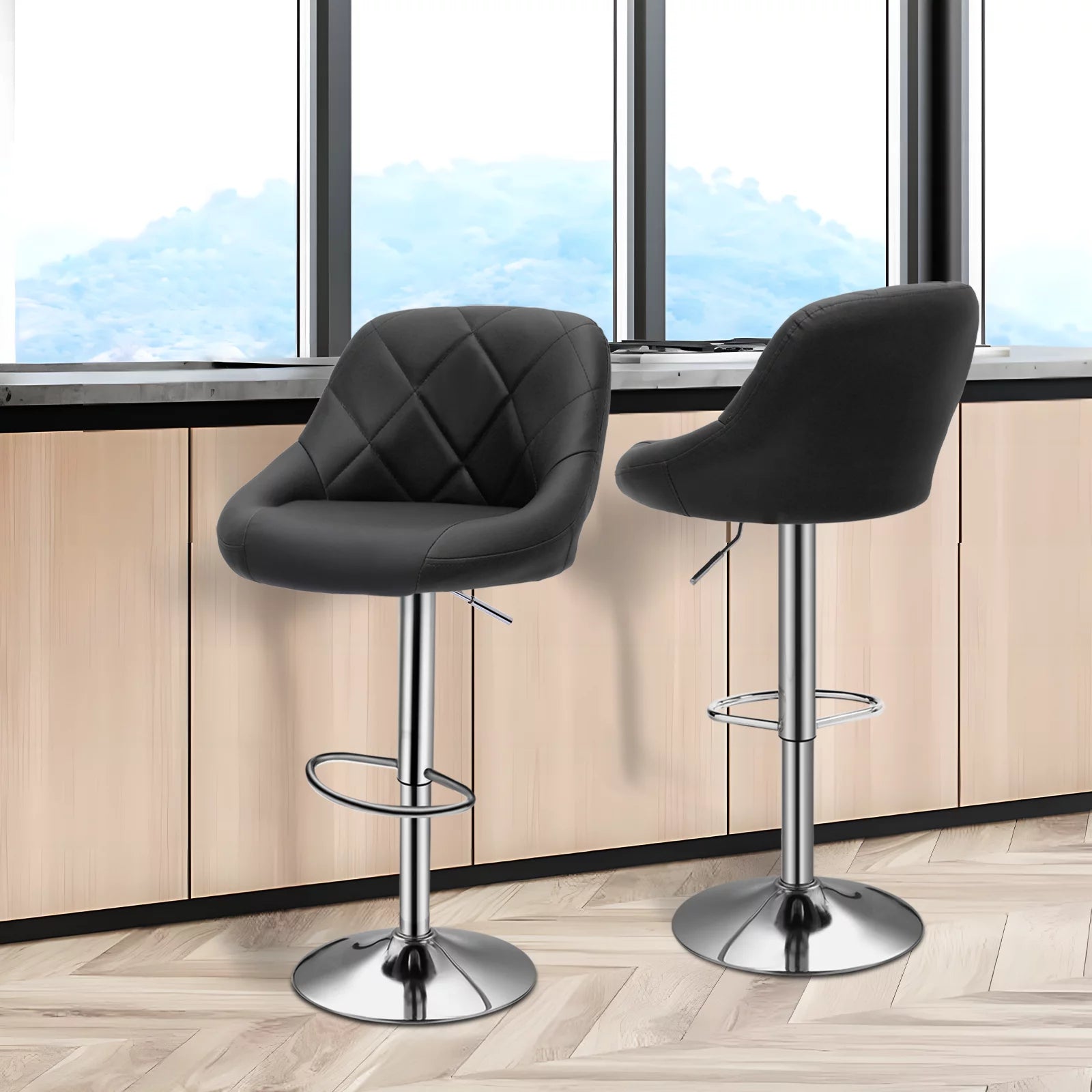 Set of 2 Faux Leather Adjustable Black Swivel Bar Stools with Backrest S460608