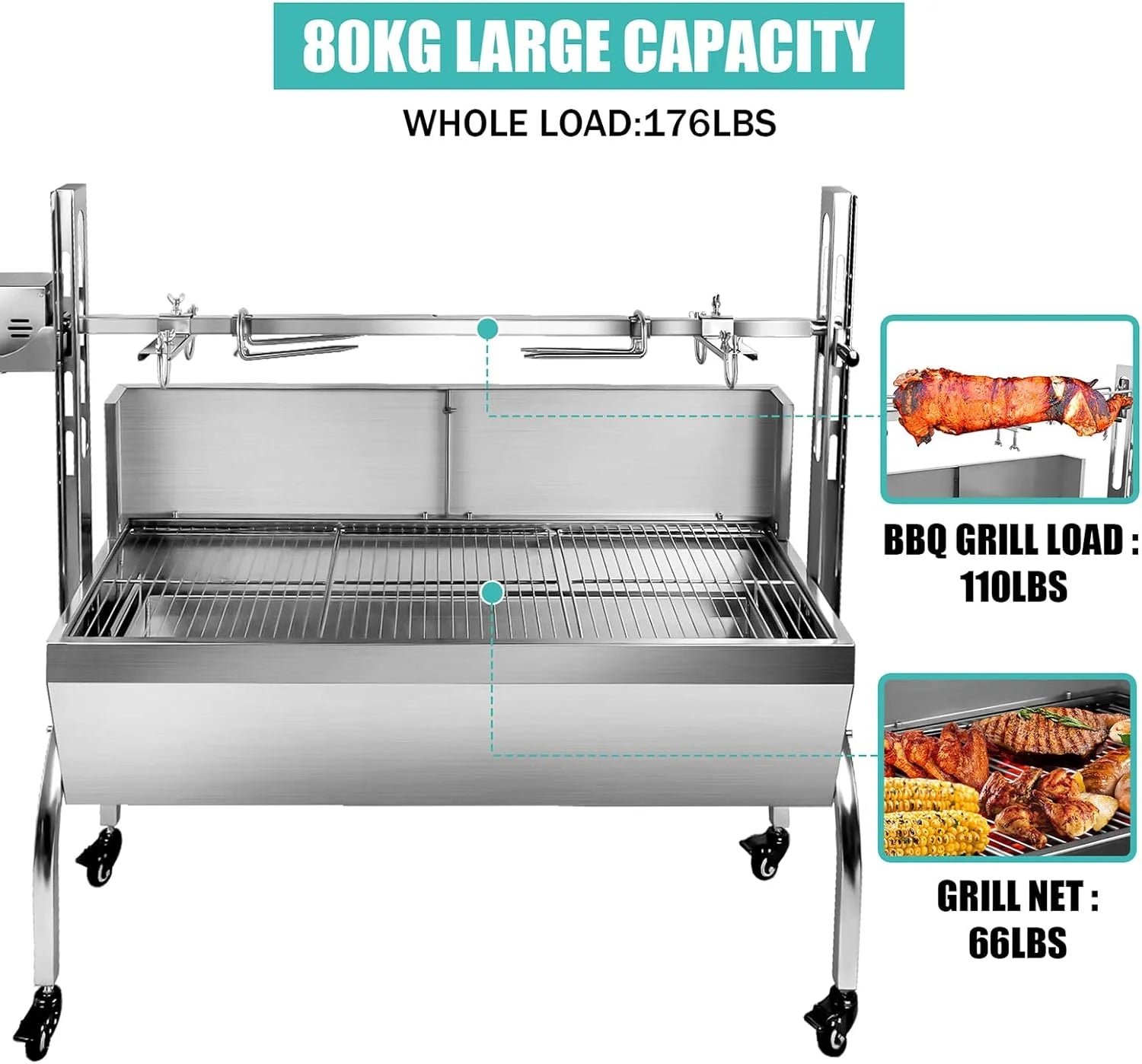 Stainless Steel Rotisserie Grill with Back Cover Guard, 25W Motor, 37'' 2 in 1 BBQ Charcoal Rotisserie Grill E78557