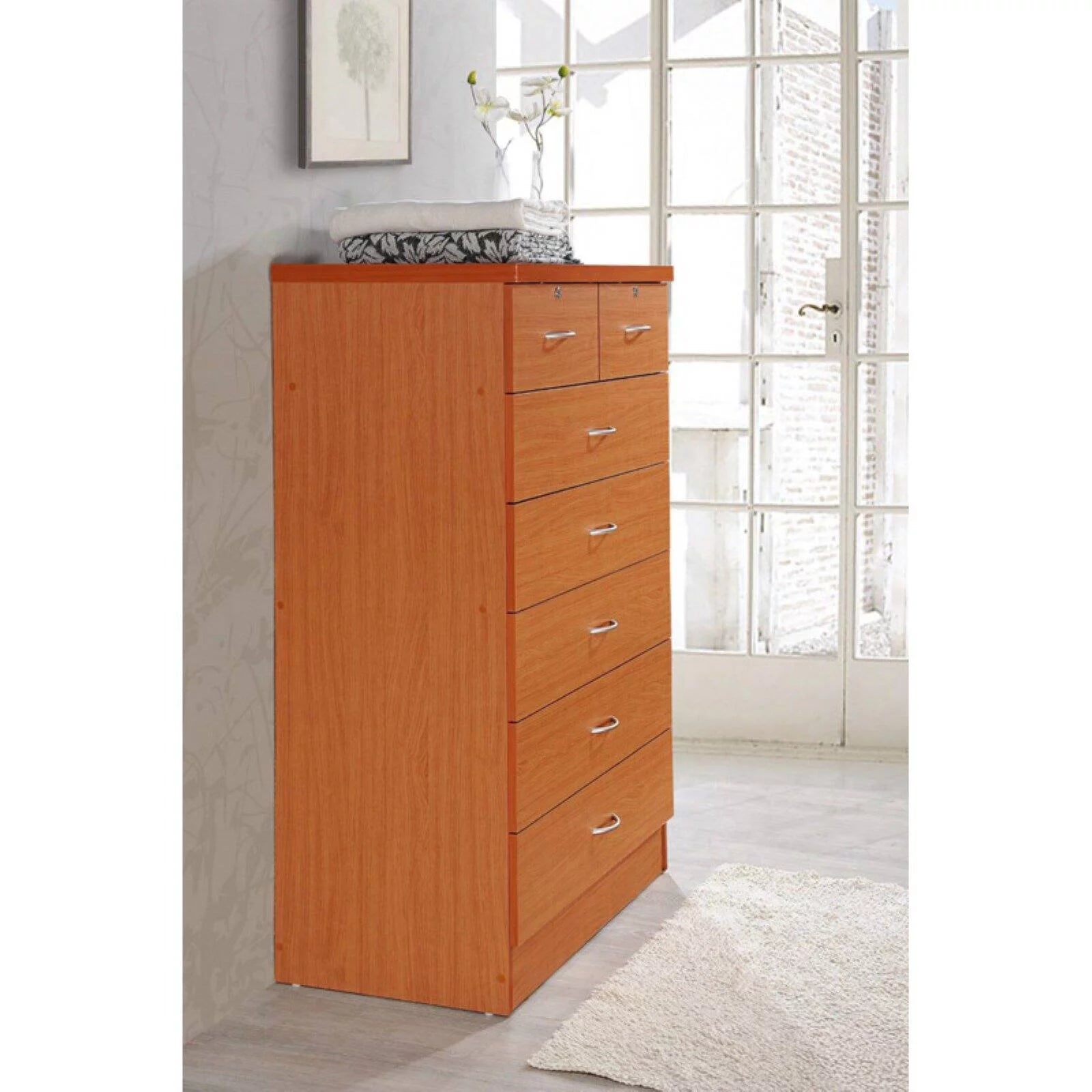 7 Drawer Wooden Dresser Chest with 2 Top Locks, Cherry Q1265