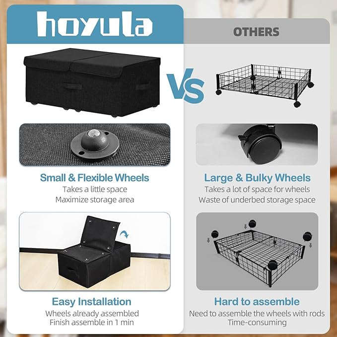 Black 2 Pack Under Bed Storage Container with Wheels and Lids H29364