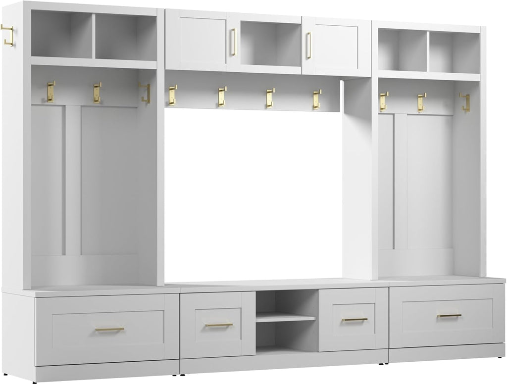 White Full Entryway Storage Set with Coat Rack and Shoe Benches B306