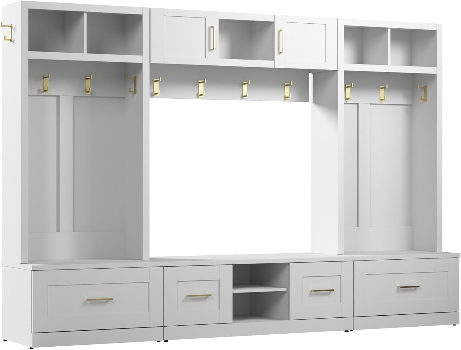 White Full Entryway Storage Set with Coat Rack and Shoe Benches B306