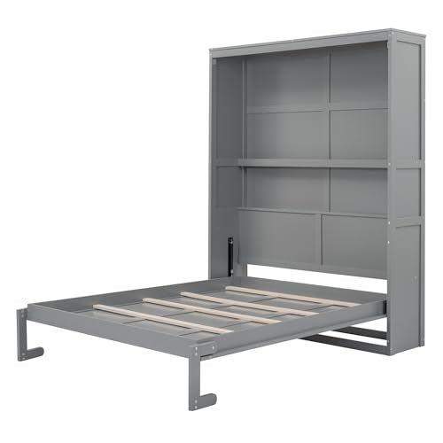 Queen Size Gray Murphy Bed with Storage Shelves O881363