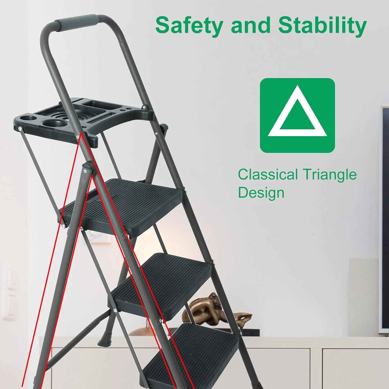 Folding Step Stool with Handrails and Tool Tray Platform, 330lbs B808