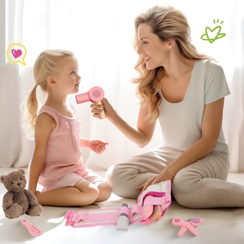 Hair Salon Toys Pretend Play Beauty Salon Set with Blow Dryer Straightener Tool Belt W2443