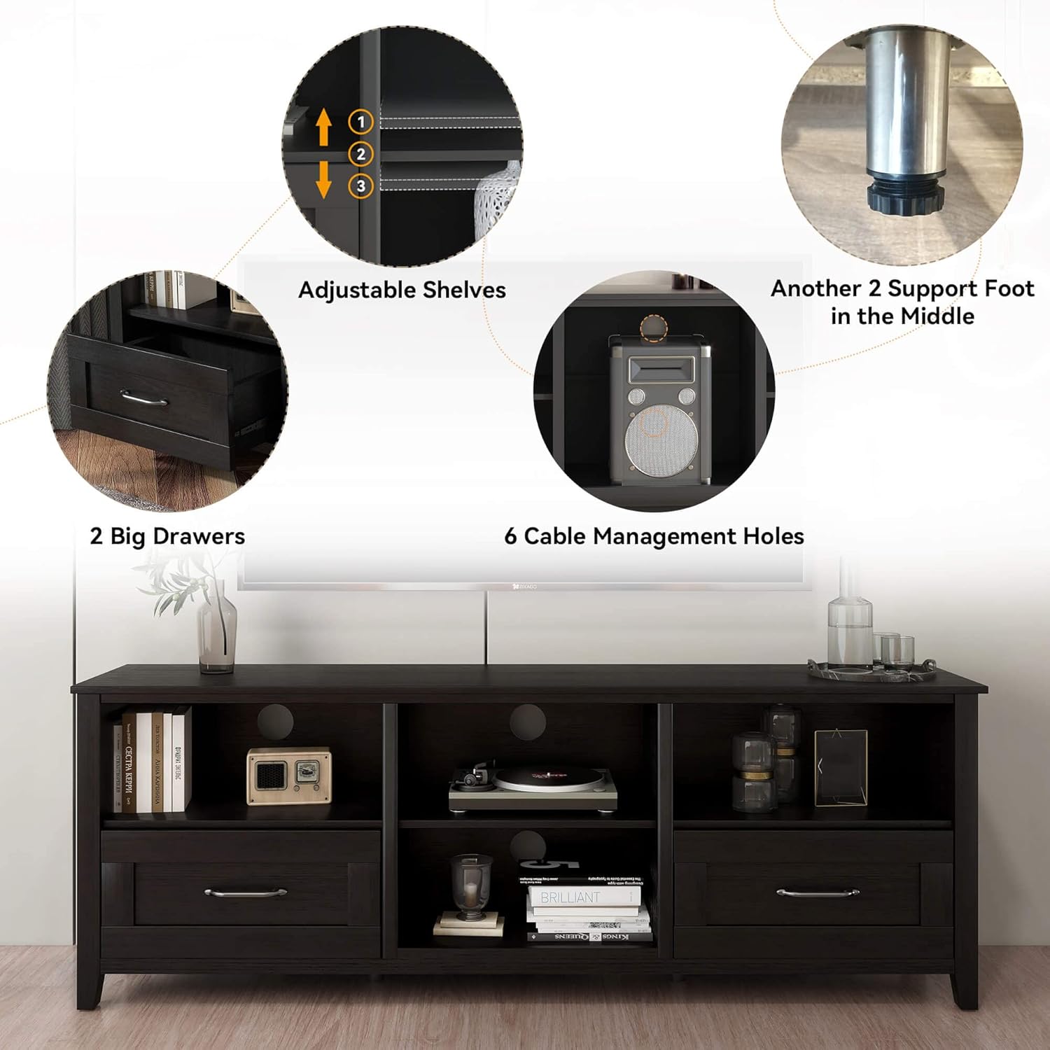 Black 70 inch TV Stand with Drawers Wood Storage Cabinet V7206