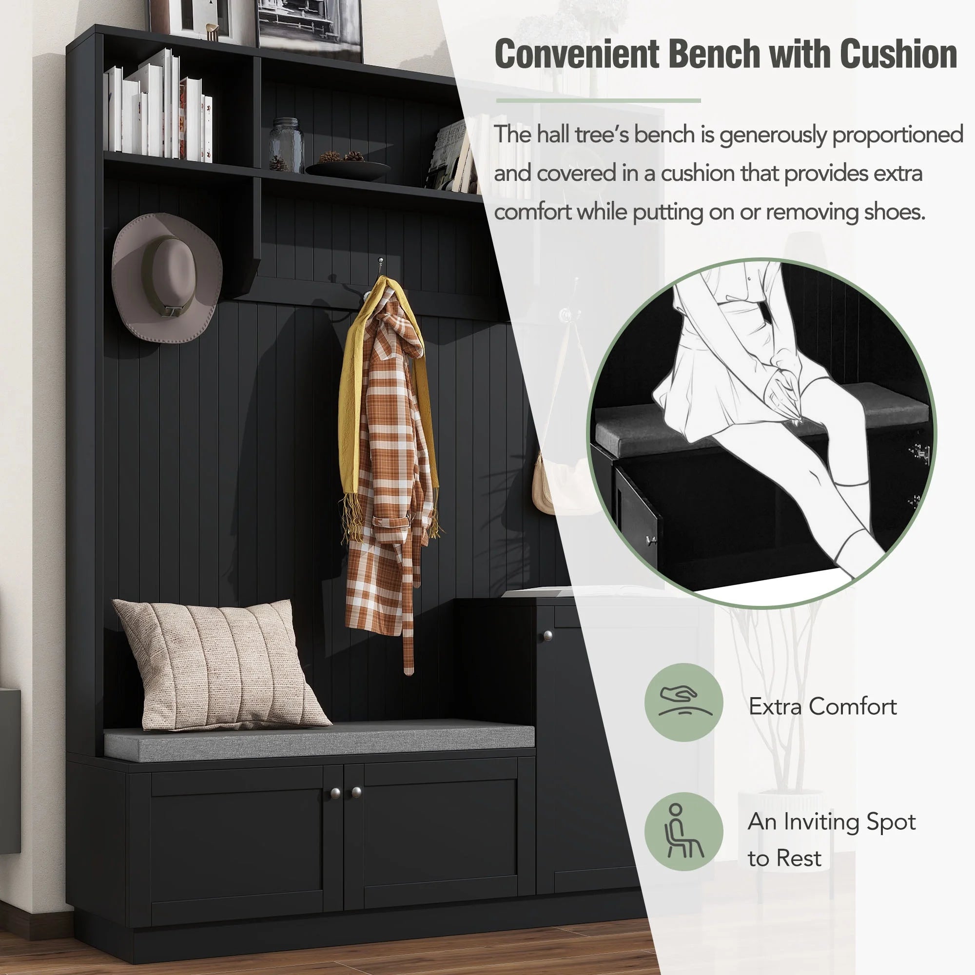 Black 4-in-1 Hall Tree with Bench and Shoe Storage L9949