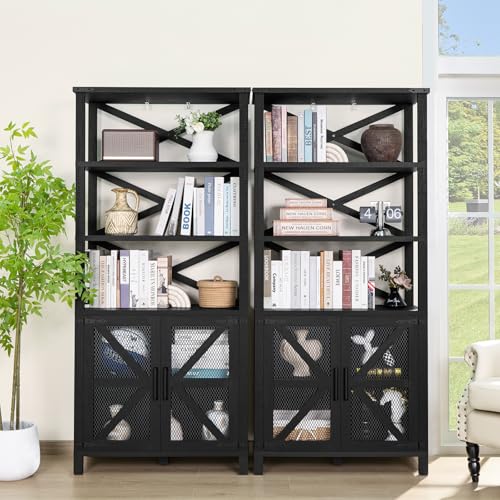 5 Tier 70" Tall Bookcase with Barn Doors and Adjustable Shelves, Blue (2PCS) K80103