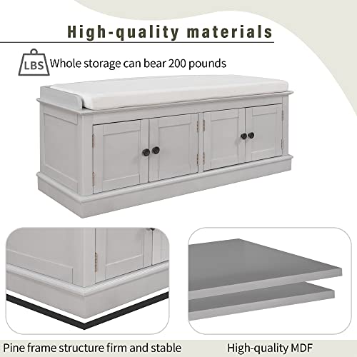 White 4 Door Storage Bench with Adjustable Shelves and Removable Seat Cushion P594434