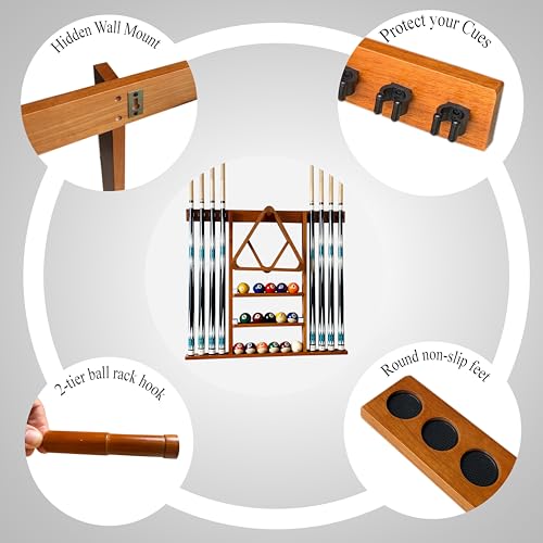 Wall Mount Pool Cue Stick Holder Hold 8 Cues Solid Wood Mahogany X594788