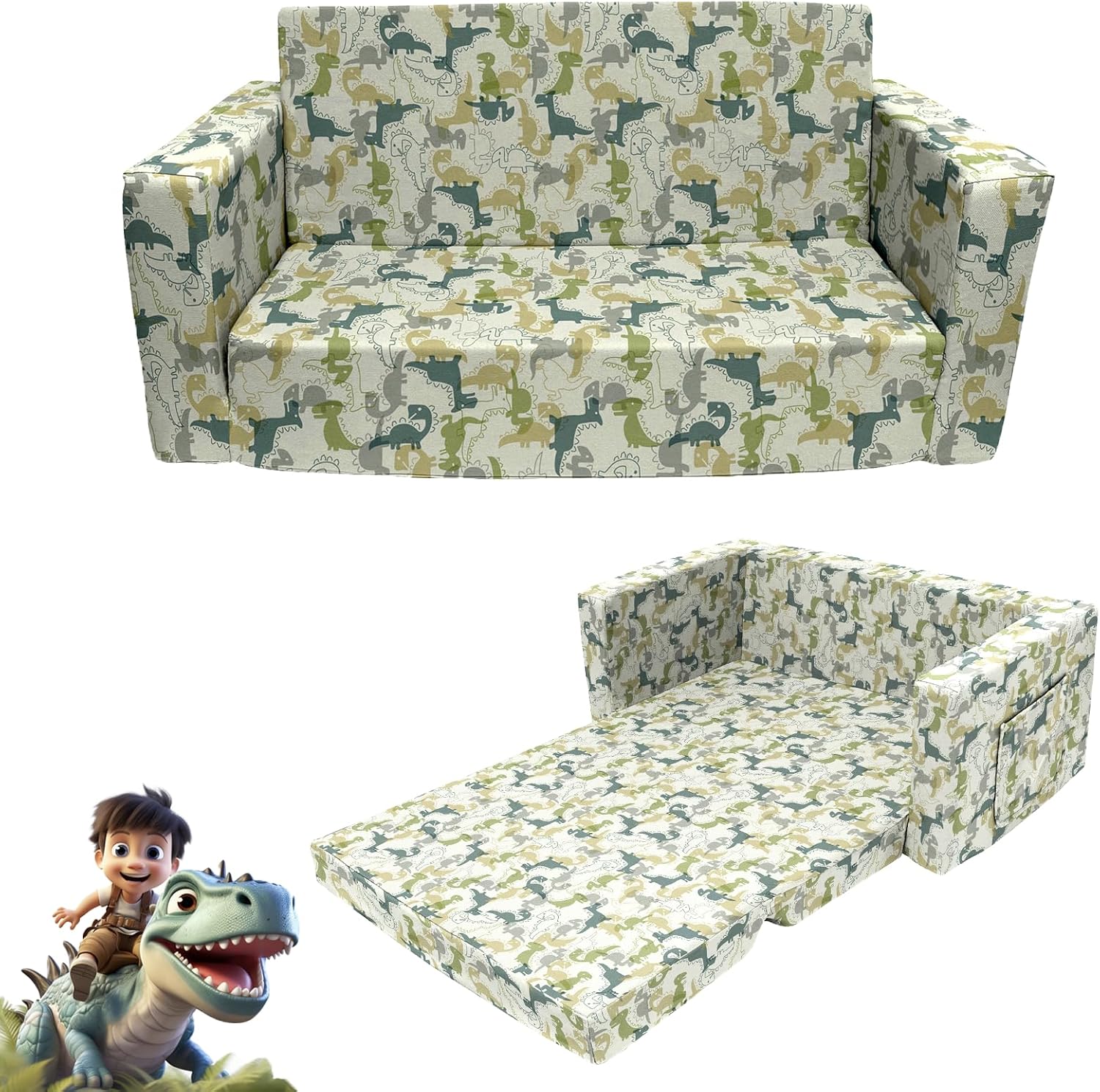 Kids Sofa 2 in 1 Flip Open Chair Sleeper with Dinosaur Print A831