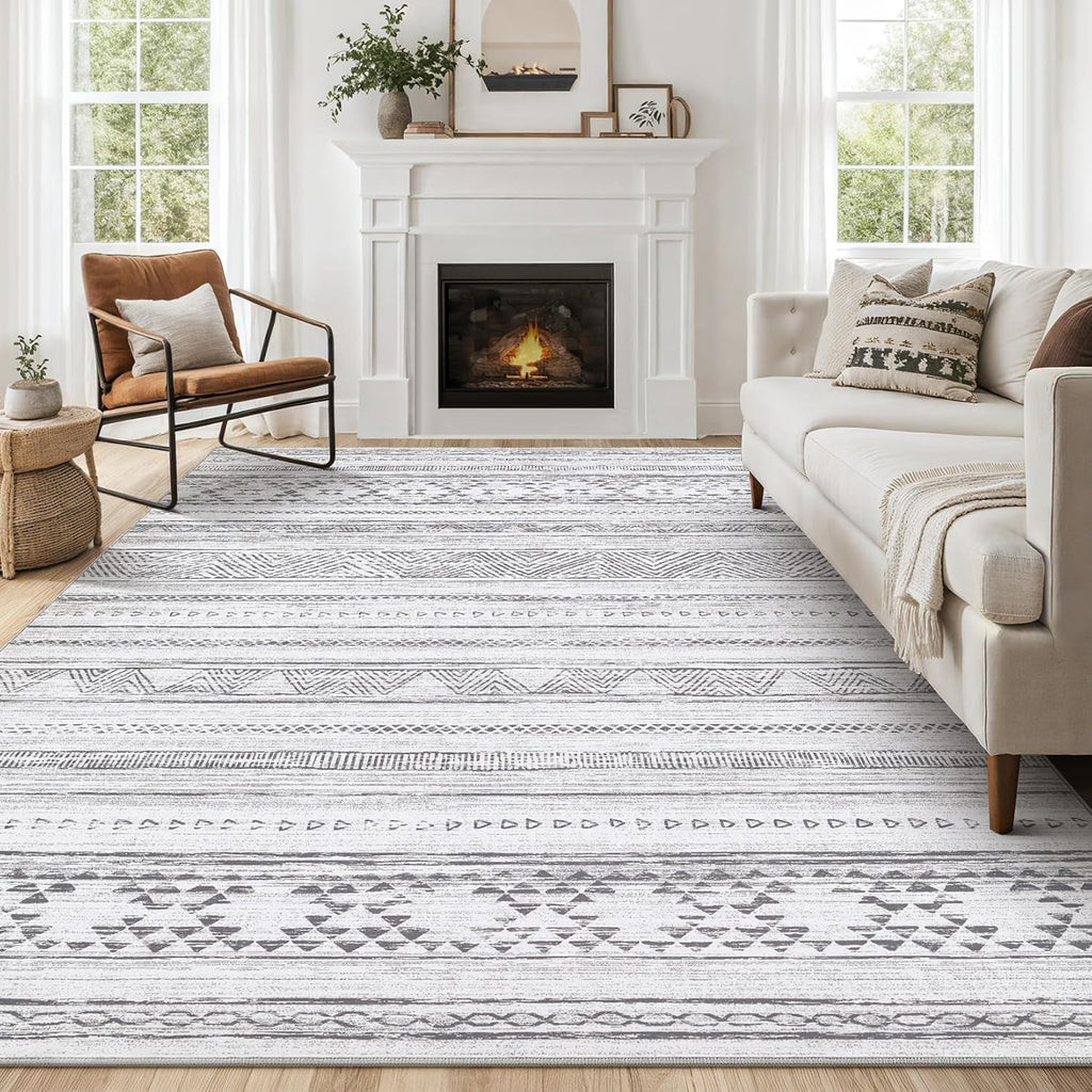 Cream Grey Washable Geometric Area Rug Q76251
