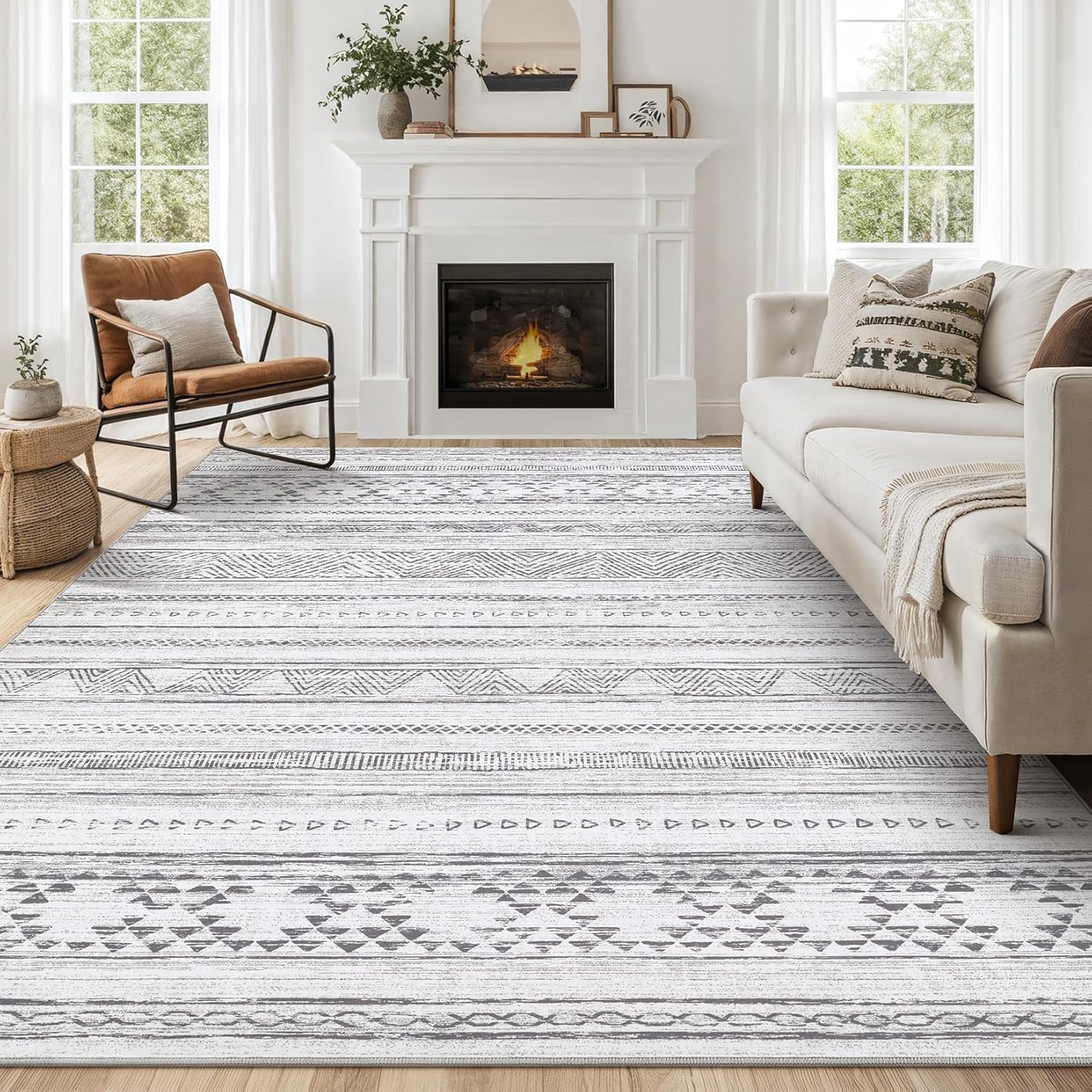 Cream Grey Washable Geometric Area Rug Q76251