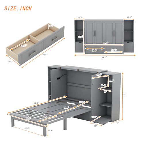 Queen Size Murphy Bed with Storage 2 Drawers and Shelves H65523