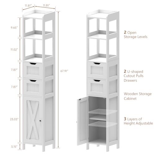 White Freestanding Tall Bathroom Cabinet with Door and Adjustable Shelf and 2 Drawers X41692