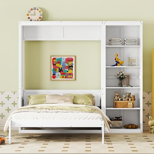 Full Size Murphy Bed with Storage Shelves, Drawers and LED Lights, White T7488