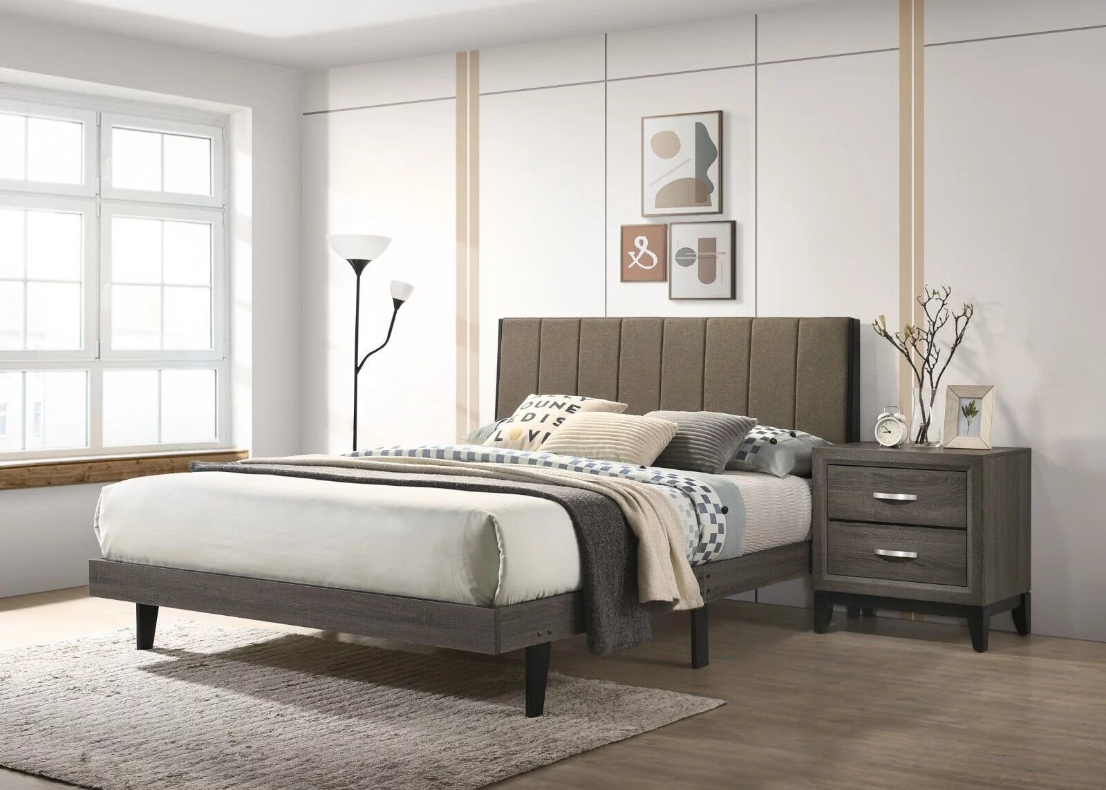 3pc Queen Size Bedroom Set with Upholstered Headboard and 2 Nightstands I86309