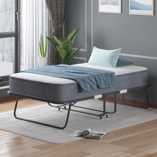 Folding Bed with 5 Inch Memory Foam Mattress, Single Rollaway Bed with Lockable Wheels I778