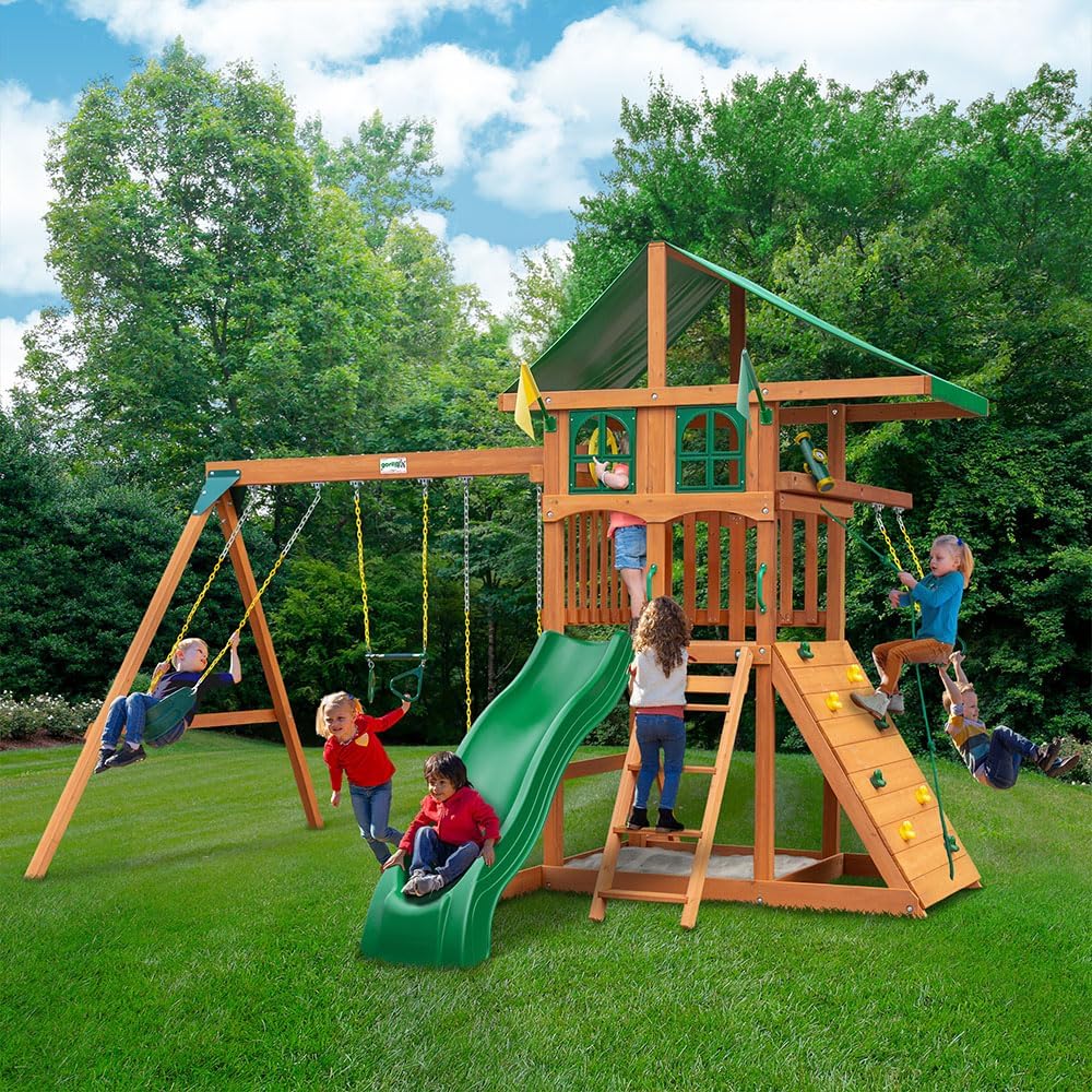 Oversized Green Vinyl Canopy Wooden Swing Set with Climbing Wall, Ladder, Swings and Slide A6830