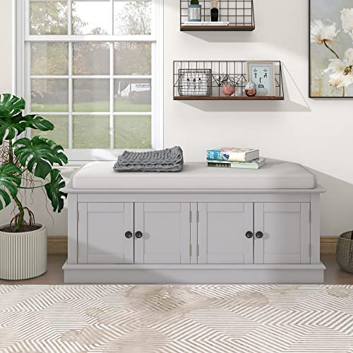 White 4 Door Storage Bench with Adjustable Shelves and Removable Seat Cushion P594434