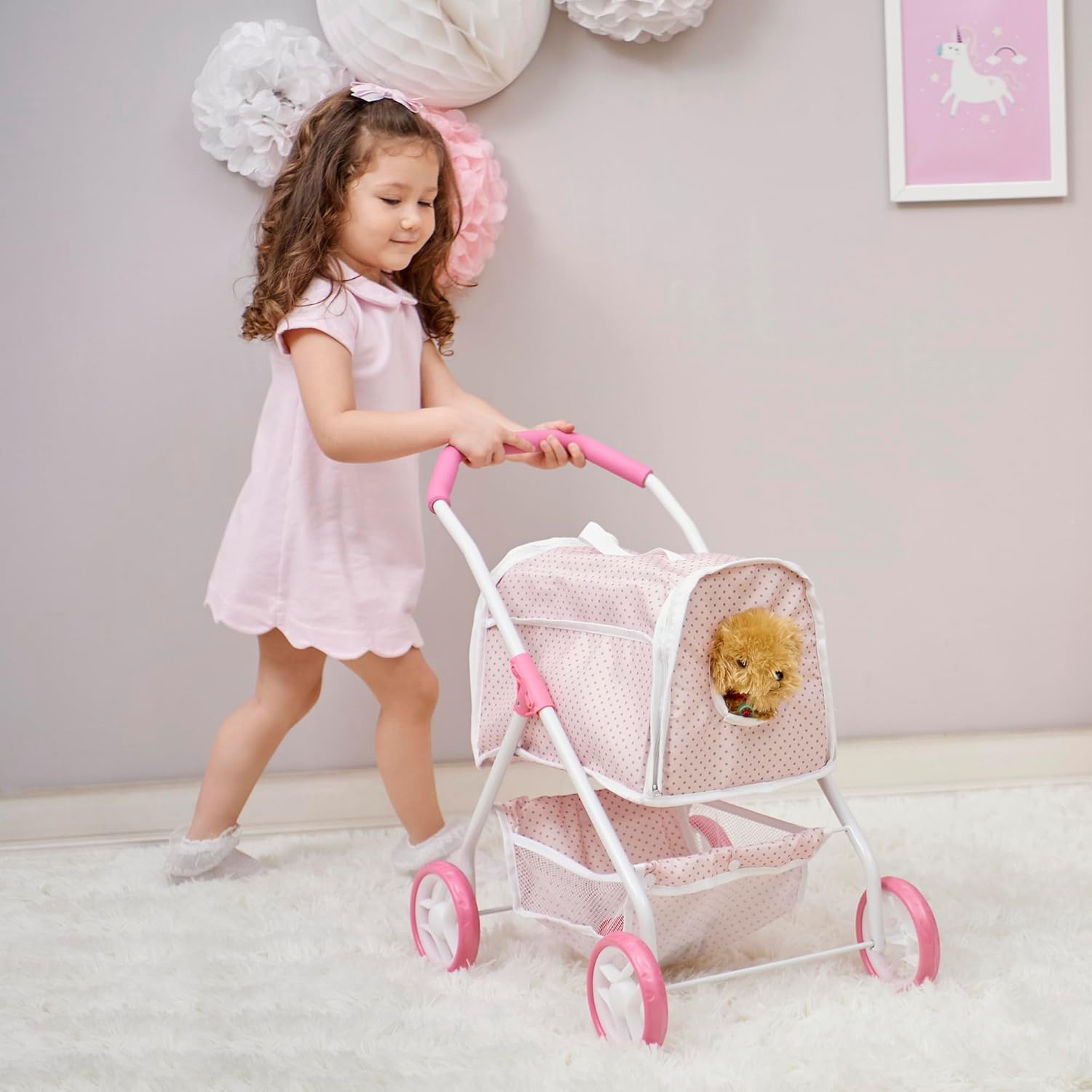 Pink/Gray Doll Stroller with Detachable Pet Carrier M538