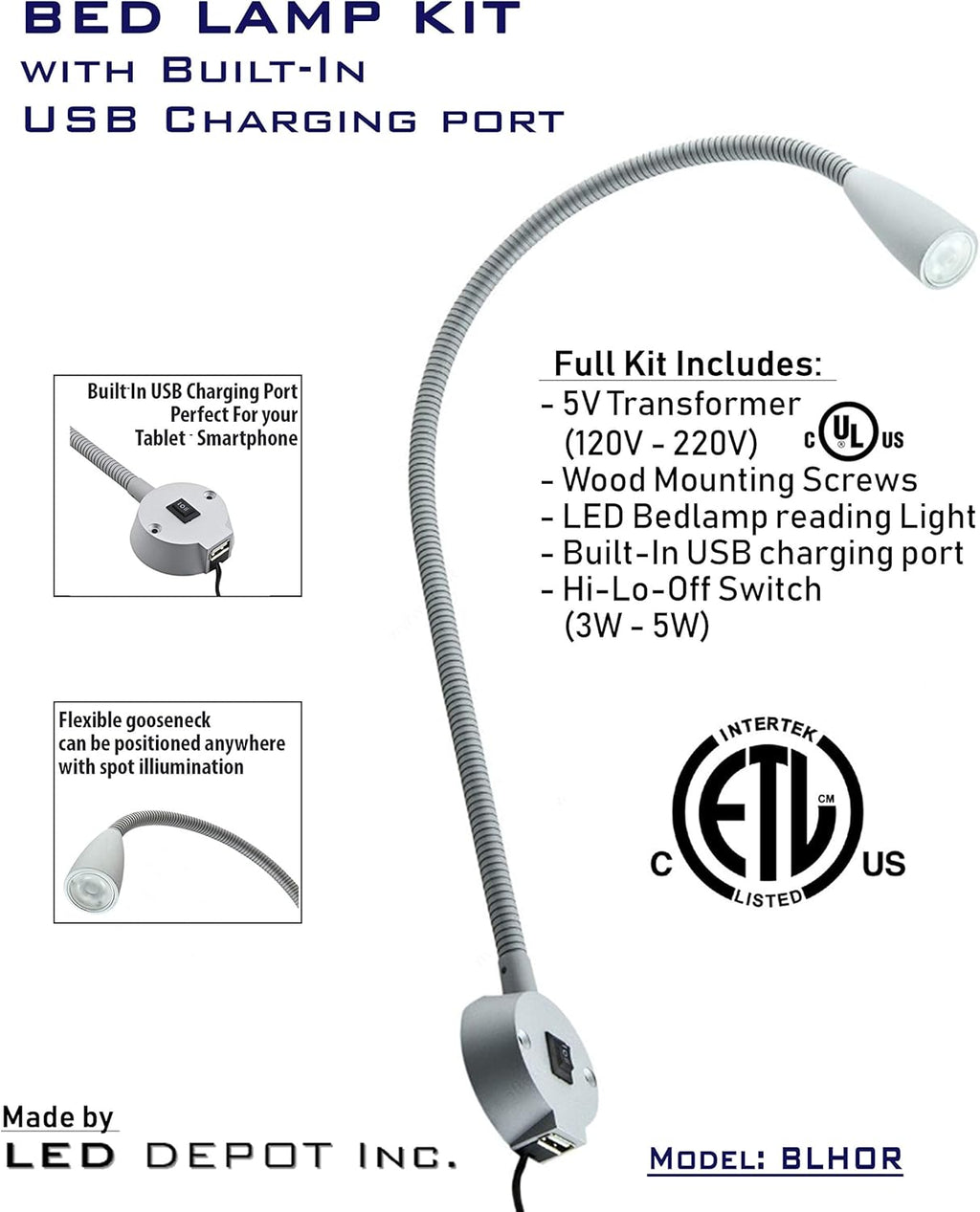 Gooseneck LED Bed Lamp with USB Charger Port and 3-Way Switch C2693