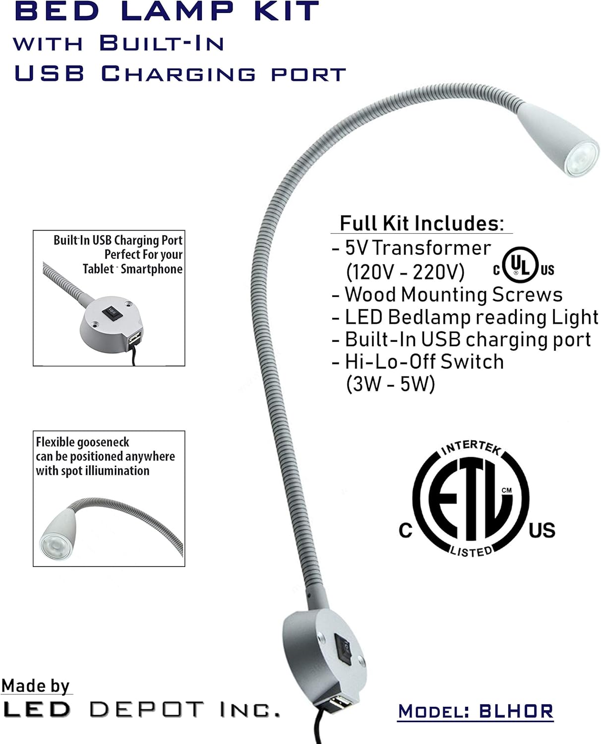 Gooseneck LED Bed Lamp with USB Charger Port and 3-Way Switch C2693