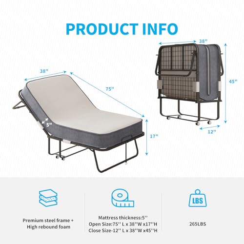 Folding Bed with 5 Inch Memory Foam Mattress, Single Rollaway Bed with Lockable Wheels I778