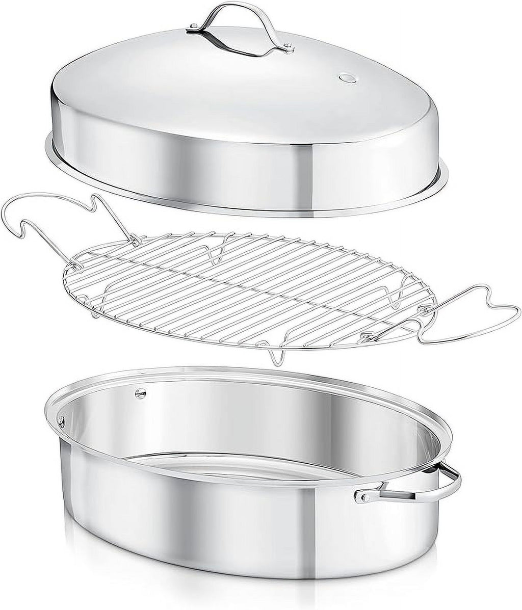 Open Box Oval Roasting Pan Roaster Polished Rack Stainless Steel E229948