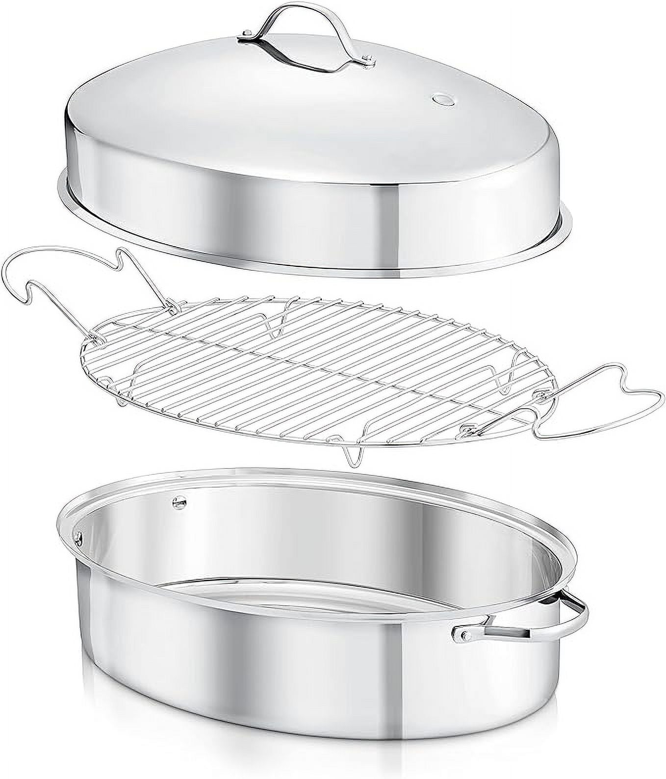 Open Box Oval Roasting Pan Roaster Polished Rack Stainless Steel E229948