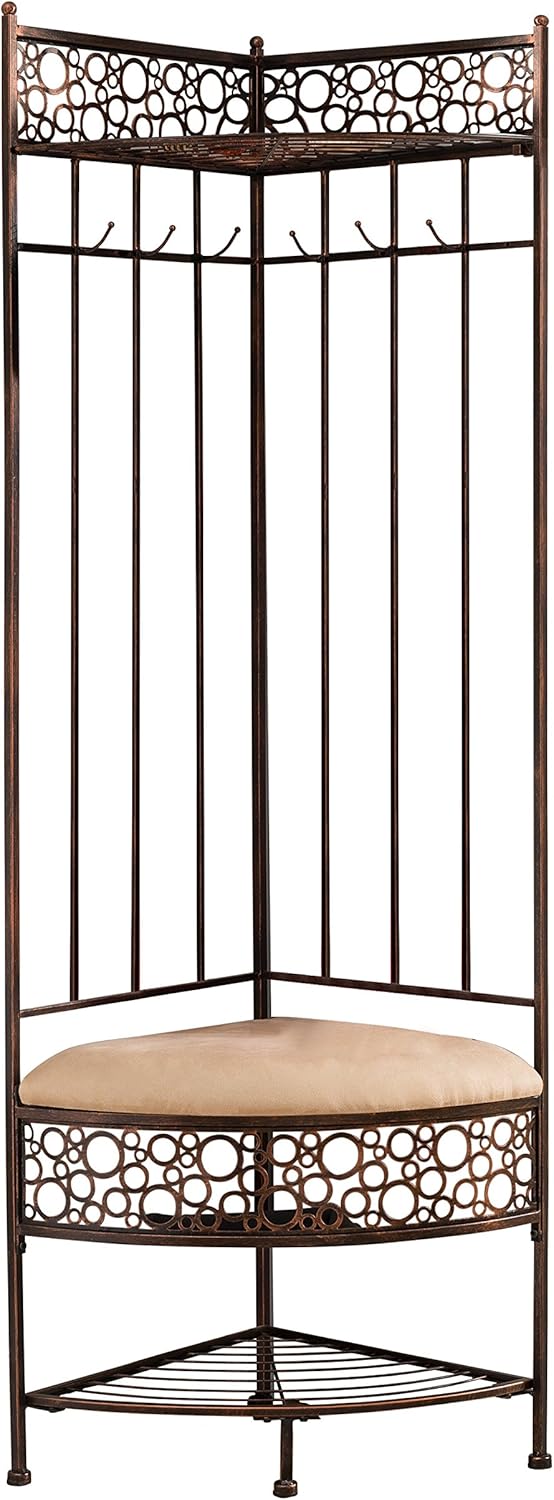 6-Hook Corner Hall Tree Storage Bench with Coat Rack, Brushed Copper O474