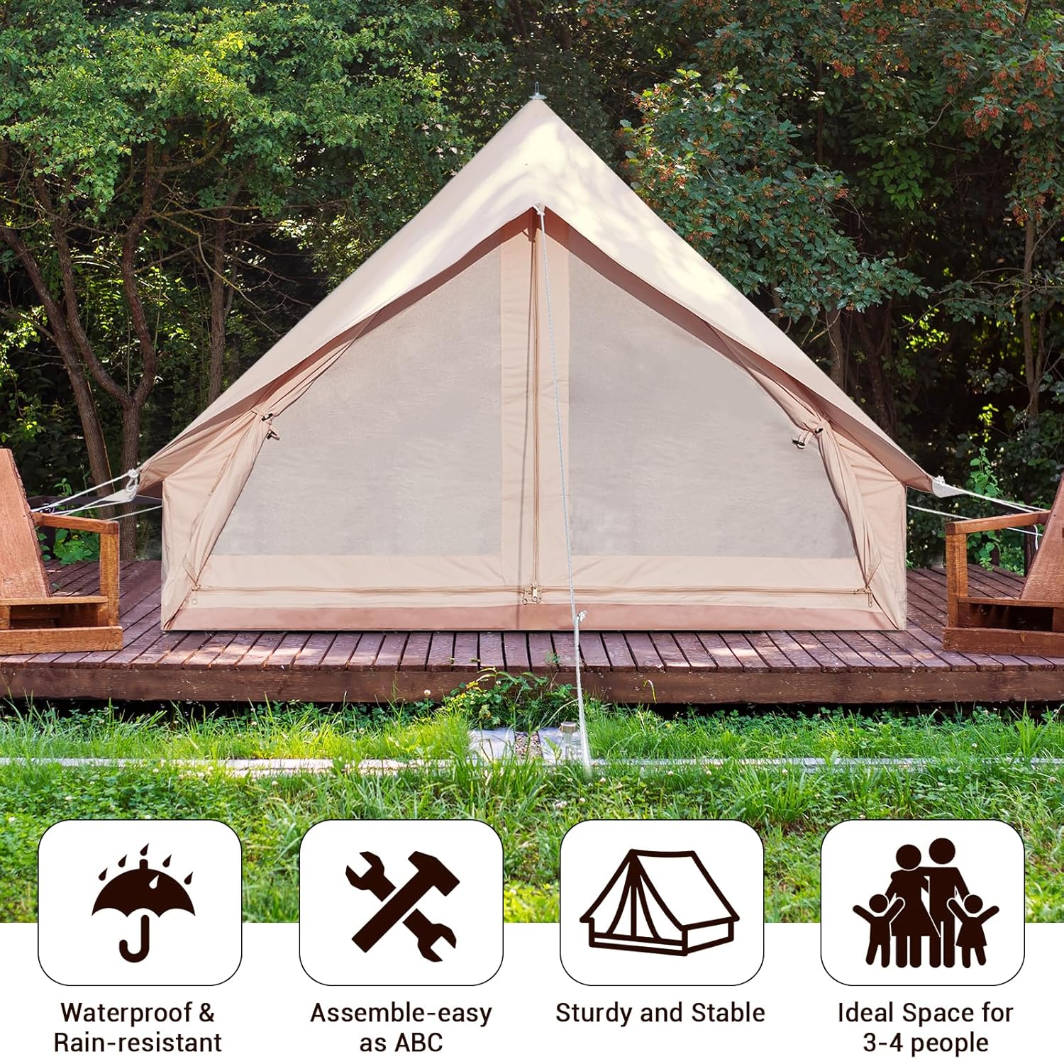 Canvas Glamping Tent Rainproof for 4 Person with Windows K7953