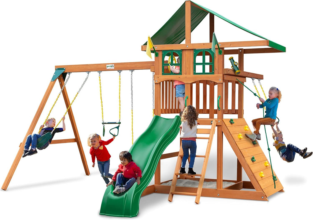 Oversized Green Vinyl Canopy Wooden Swing Set with Climbing Wall, Ladder, Swings and Slide A6830