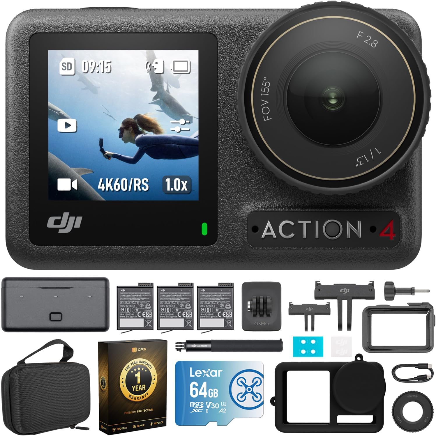 4K Waterproof Action Camera with Battery Case and 64GB Memory Card M577804
