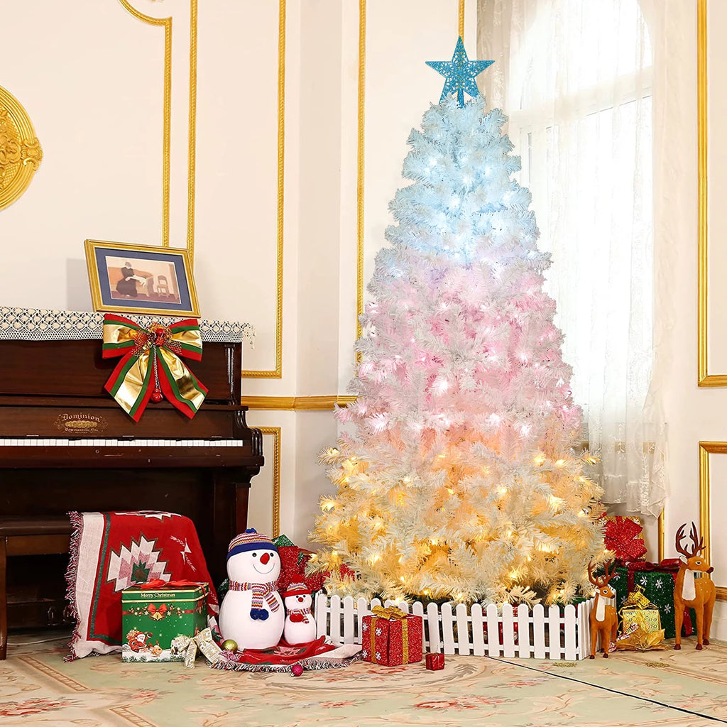 6FT Pre-lit Artificial Christmas Tree with 300 Tri-color Lights & Star Top X805